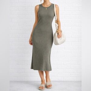 Lost in Lunar Ribbed Sleeveless Midi Dress Stretch Olive Size M